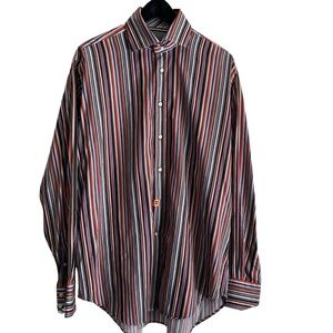 Thomas Dean Mens Long Sleeve Button 100% Cotton Multi Colored Striped Shirt L